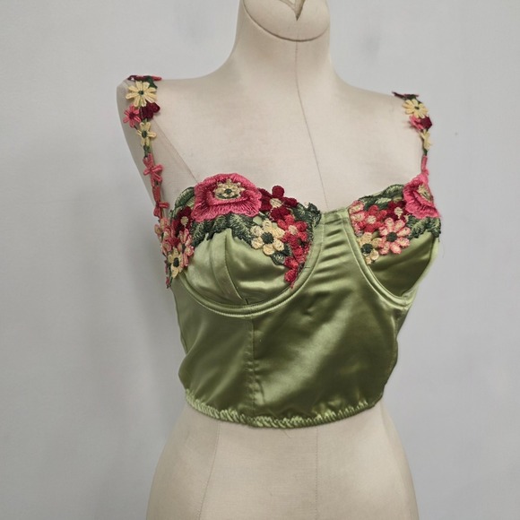Fashion Nova Tops - Fashion Nova Green Embroidered Corset Top S Satin Fairy Festival Rave Floral